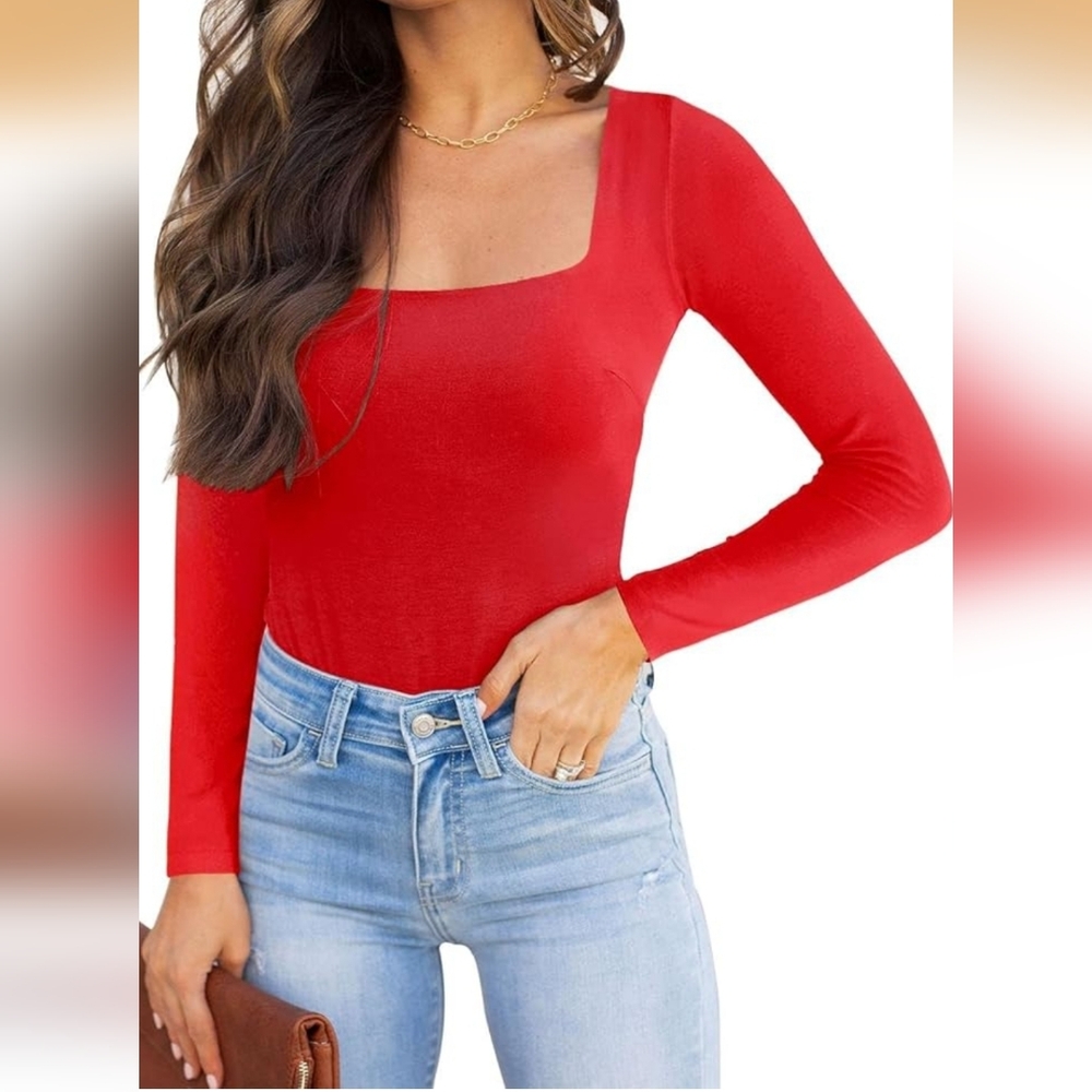 Red Long Sleeve Square Neck Bodysuit